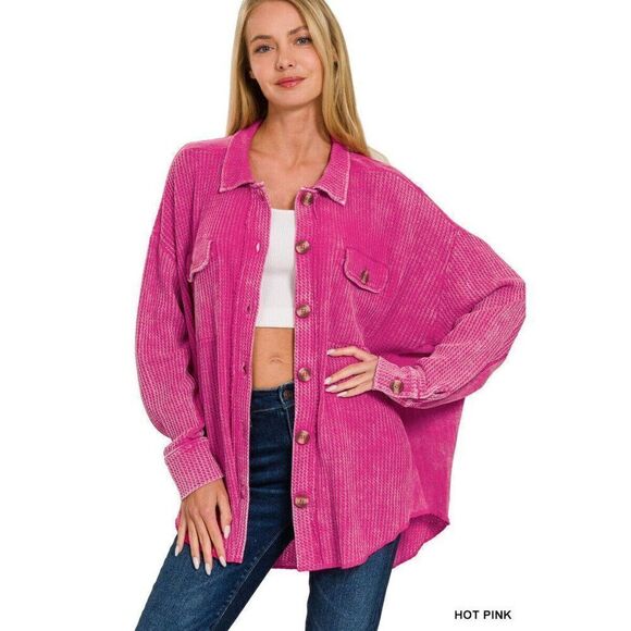 Zenana Outfitters Tops - Zenana Meet U There Cotton Waffle Acid Wash Oversized Shacket Hot Pink CJW-3300